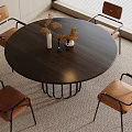 Round Dark Wood Dining Table Set With Four Brown Leather Chairs And Black Metal Frame