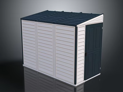 Standalone Storage Shed With White Walls Dark Roof And Corrugated Design Door 3d model