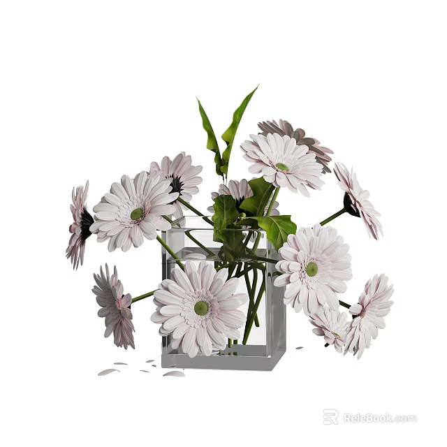 Transparent Square Glass Vase With White Flowers And Green Leaves Decorative Arrangement For Home Decor 3d model 