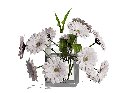 Transparent Square Glass Vase With White Flowers And Green Leaves Decorative Arrangement For Home Decor 3d model