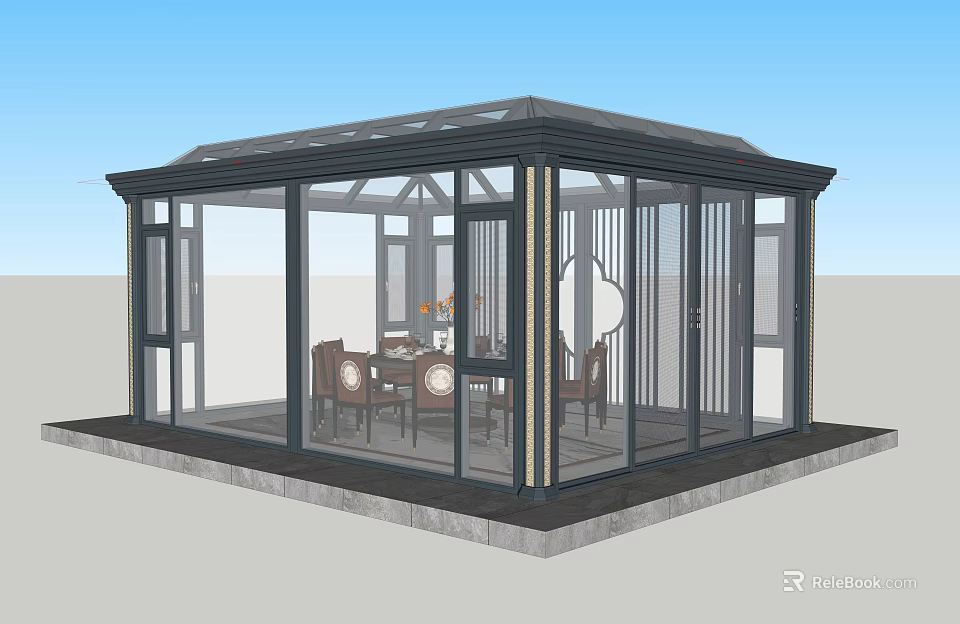 Modern Sunroom Design With Glass Structure Dining Table Chairs And Decorations 3d model
