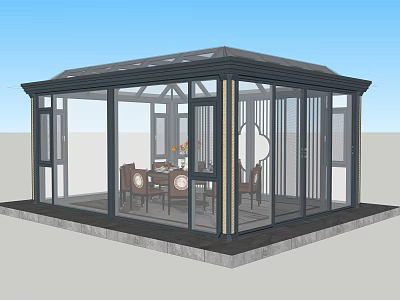 Modern Sunroom Design With Glass Structure Dining Table Chairs And Decorations 3d model