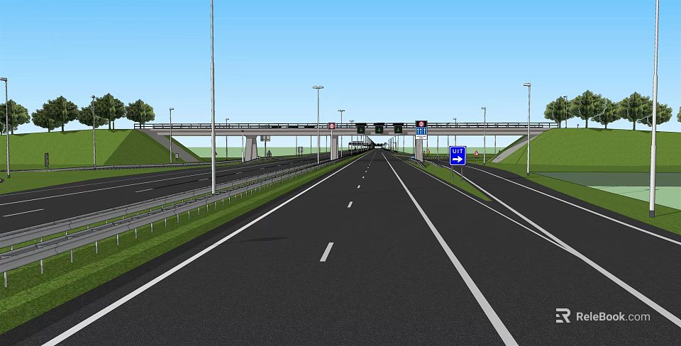 Modern Road Infrastructure Featuring Highway Overpass Street Lights And Lane Markings 3d model 