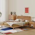 Wooden Double Bed with Platform Headboard Nightstand Dresser and Colorful Rug in Bedroom