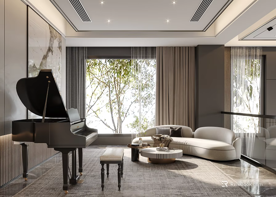Modern Lounge Interior With Black Piano Beige Sofa Round Coffee Table And Trees 3d model 