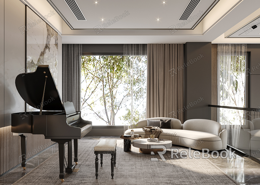 Modern Leisure Room Home Piano Leisure Area Sofa Coffee Table Piano Decoration Small Pieces model