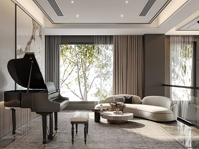 Modern Lounge Interior With Black Piano Beige Sofa Round Coffee Table And Trees 3d model