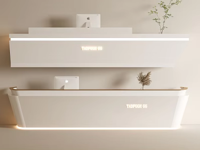 Modern Front Reception Desk Design With Illuminated Countertop Computer And Potted Plant 3d model