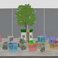 Indoor Space Featuring Large Tree Green Tags Colorful Transparent Cubes QR Codes And City View