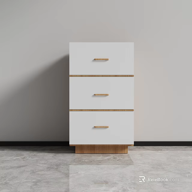 White Three Drawer Cabinet With Wooden Handles And Base Against Gray Wall And Floor 3d model 