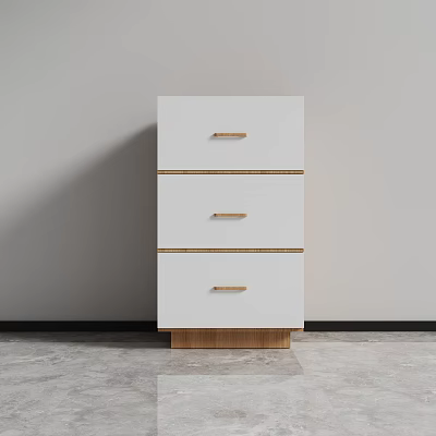 White Three Drawer Cabinet With Wooden Handles And Base Against Gray Wall And Floor 3d model