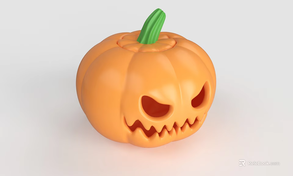 Orange Pumpkin Shaped Decorative Lamp With Carved Ghost Face And Green Stem 3d model 