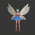 Vibrant Game Movie Fairy Character With Teal Hair Golden Wings Blue Dress And Yellow Boots