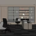 Modern Office Interior Design With Desk Chair Bookshelves And Floor to Ceiling Windows