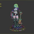 Game Movie Character With Purple Hair Wearing Shorts Holding Shovel On Glowing Decorative Base