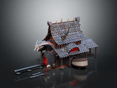 Medieval Building With Dragon Decoration Spiked Tile Roof Featuring Wooden Barrels Tools And Burning Brazier 3d model