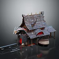 Medieval Building With Dragon Decoration Spiked Tile Roof Featuring Wooden Barrels Tools And Burning Brazier
