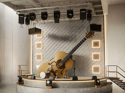 Garden Ornament Display With Acoustic Guitar Stone Wall And Square Lights 3d model