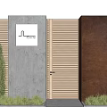 Modern Entrance Gate With Concrete Panel And Wooden Slats Surrounded By Green Shrubs