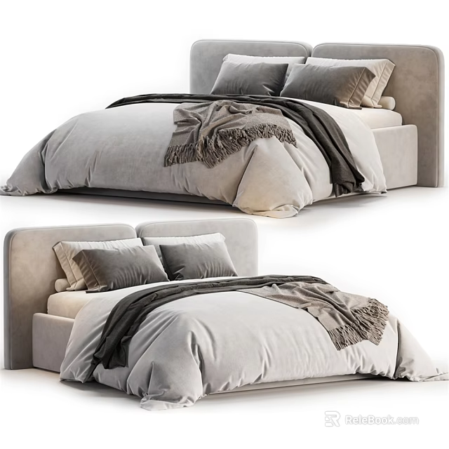 Cozy Modern Double Bed With Soft Gray Comforter Dark Blanket And Upholstered Headboard 3d model 
