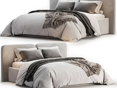 Cozy Modern Double Bed With Soft Gray Comforter Dark Blanket And Upholstered Headboard 3d model