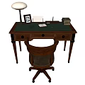 Dark Wooden Desk With Green Top Lamp Photo Frame Notebook Stacked Books And Leather Chair