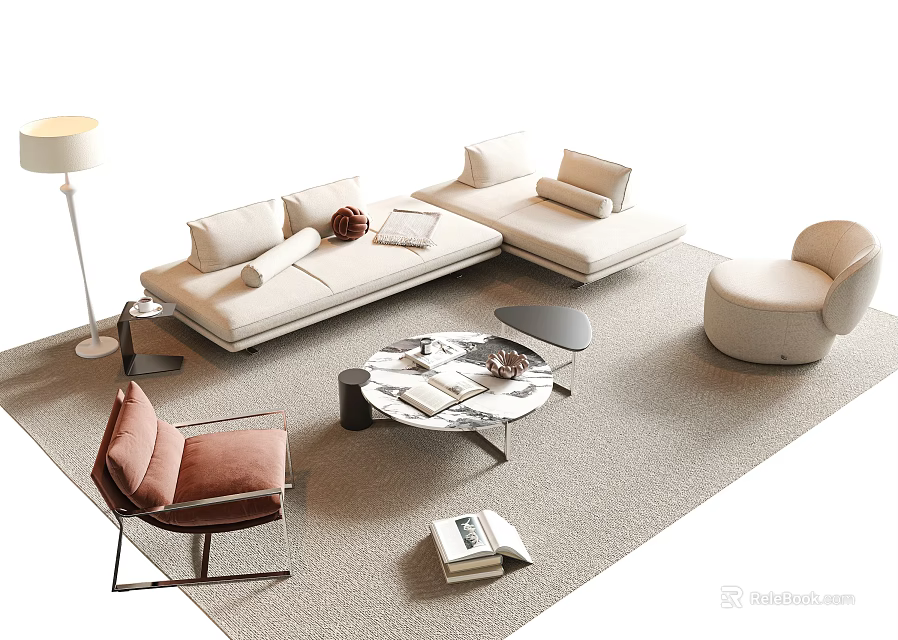 Modern Living Room Beige Sofa Set With Marble Coffee Table Armchair And Floor Lamp 3d model 