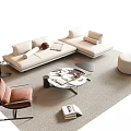 Modern Living Room Beige Sofa Set With Marble Coffee Table Armchair And Floor Lamp