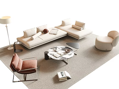 Modern Living Room Beige Sofa Set With Marble Coffee Table Armchair And Floor Lamp 3d model