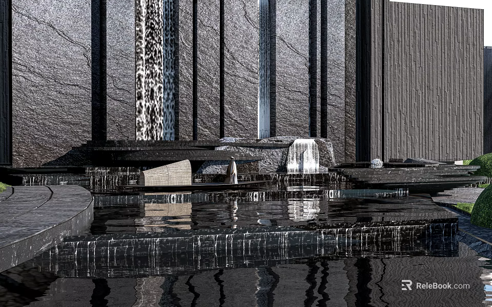Modern Landscape Feature Wall Design With Textured Stone Panels Water Reflection And Water Feature 3d model 