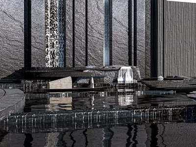 Modern Landscape Feature Wall Design With Textured Stone Panels Water Reflection And Water Feature 3d model
