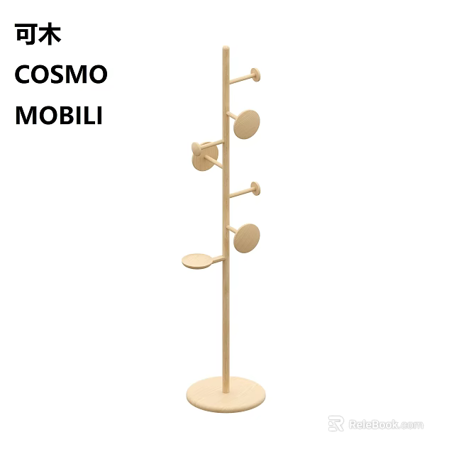 Minimalist Wooden Shelving Unit With Pole Design Circular Shelves And Hooks 3d model 