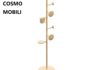 Minimalist Wooden Shelving Unit With Pole Design Circular Shelves And Hooks 3d model