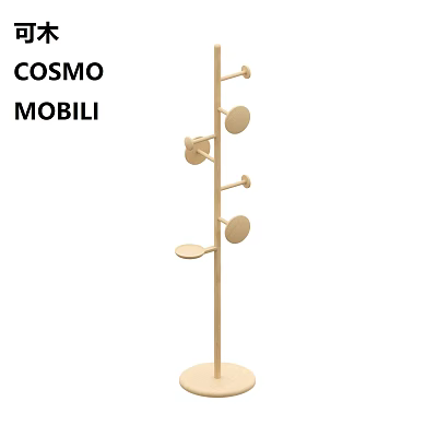 Minimalist Wooden Shelving Unit With Pole Design Circular Shelves And Hooks 3d model