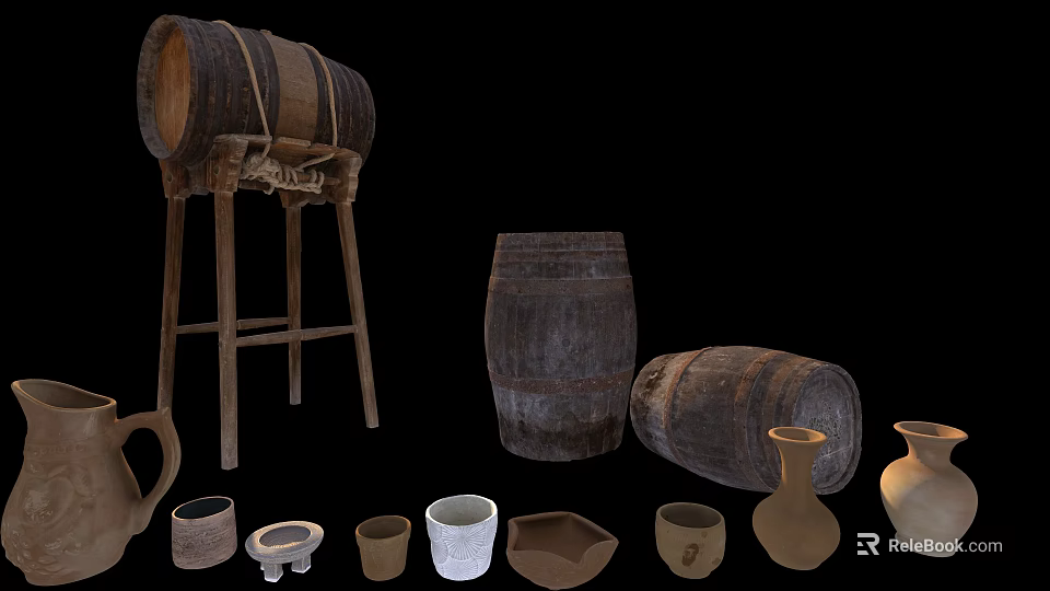 Vintage Wooden Barrels With Stand Clay Pots And Ceramic Bowls 3d model 