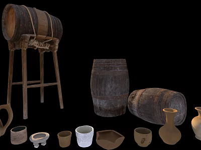 Vintage Wooden Barrels With Stand Clay Pots And Ceramic Bowls 3d model