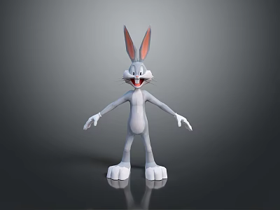 Cartoon Rabbit With Large Ears Standing Open Arms Smiling White Body Gray Background Reflection 3d model