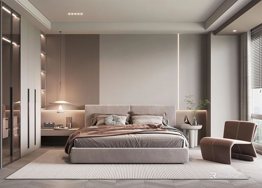 Modern Bedroom Interior Design With Comfortable Bed Nightstand Lamp And Accent Chair 3d model 