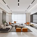 Modern Living Dining Room With Open Layout Large TV Marble Coffee Table And Orange Seating
