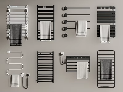 Modern Bathroom Accessories With Stylish Wall Mounted Towel Racks And Hanging Towels 3d model