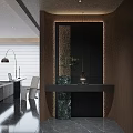 Modern Entryway Interior With Recessed Lighting Wooden Walls Marble Countertop And Decorative Plant