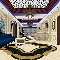 Luxurious KTV Lounge Interior With Blue Sofas Chandeliers Marble Walls And Decorative Paintings
