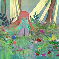 Cartoon Girl in Pink Coat Standing by Pond in Lush Forest with Flowers and Sunlight
