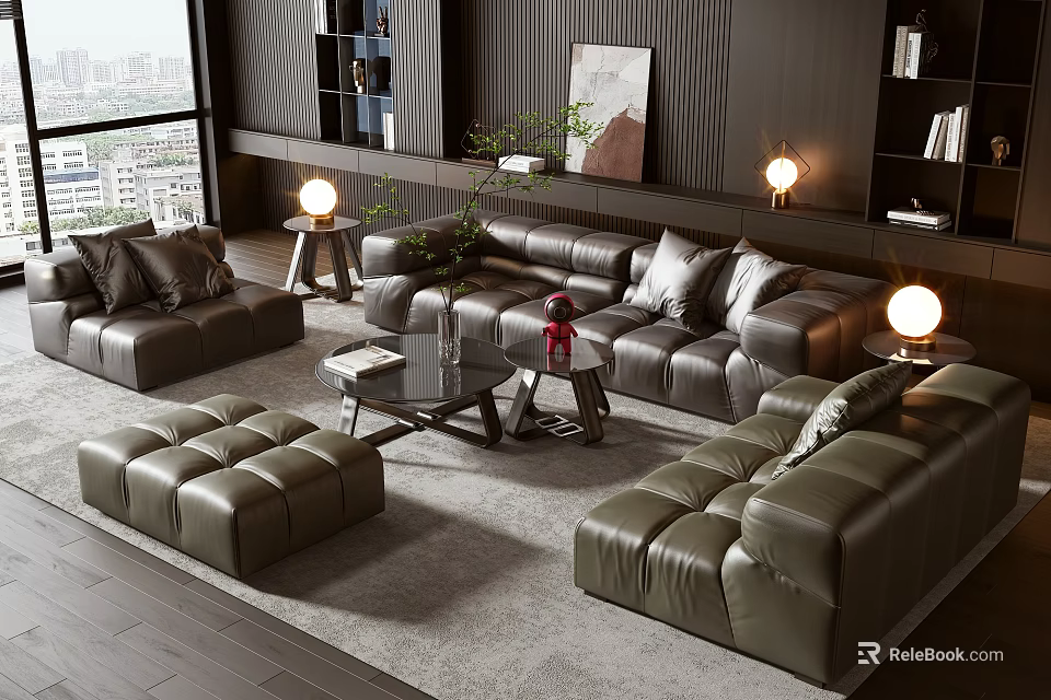 Elegant Modern Leather Sofa And Coffee Table Set With Ottoman Floor Lamps And Plants 3d model 