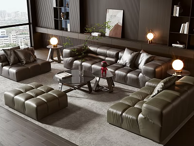 Elegant Modern Leather Sofa And Coffee Table Set With Ottoman Floor Lamps And Plants 3d model