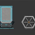 Sci Fi Scene Components With Blue Illuminated Square Panel And Hexagonal Gold Strapped Box