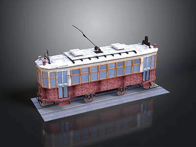 Model Tram With Snow Covered Top Red And Beige Body Blue Windows And Trolley Pole 3d model