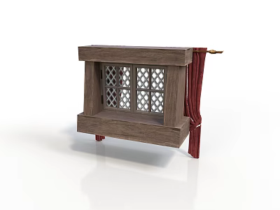 Wooden Window Style Decorative Cabinet With Lattice Design And Red Curtains 3d model