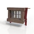 Wooden Window Style Decorative Cabinet With Lattice Design And Red Curtains