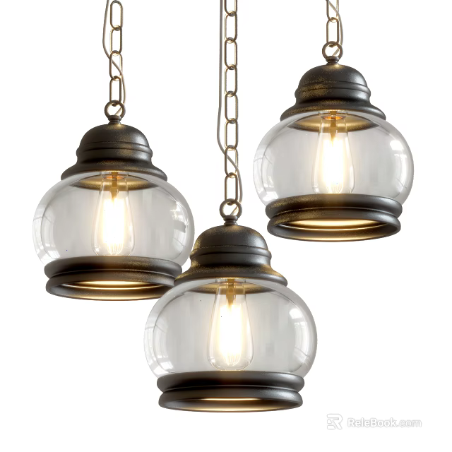 Vintage Style Pendant Lights With Clear Glass Shades And Metal Bases Illuminated 3d model 